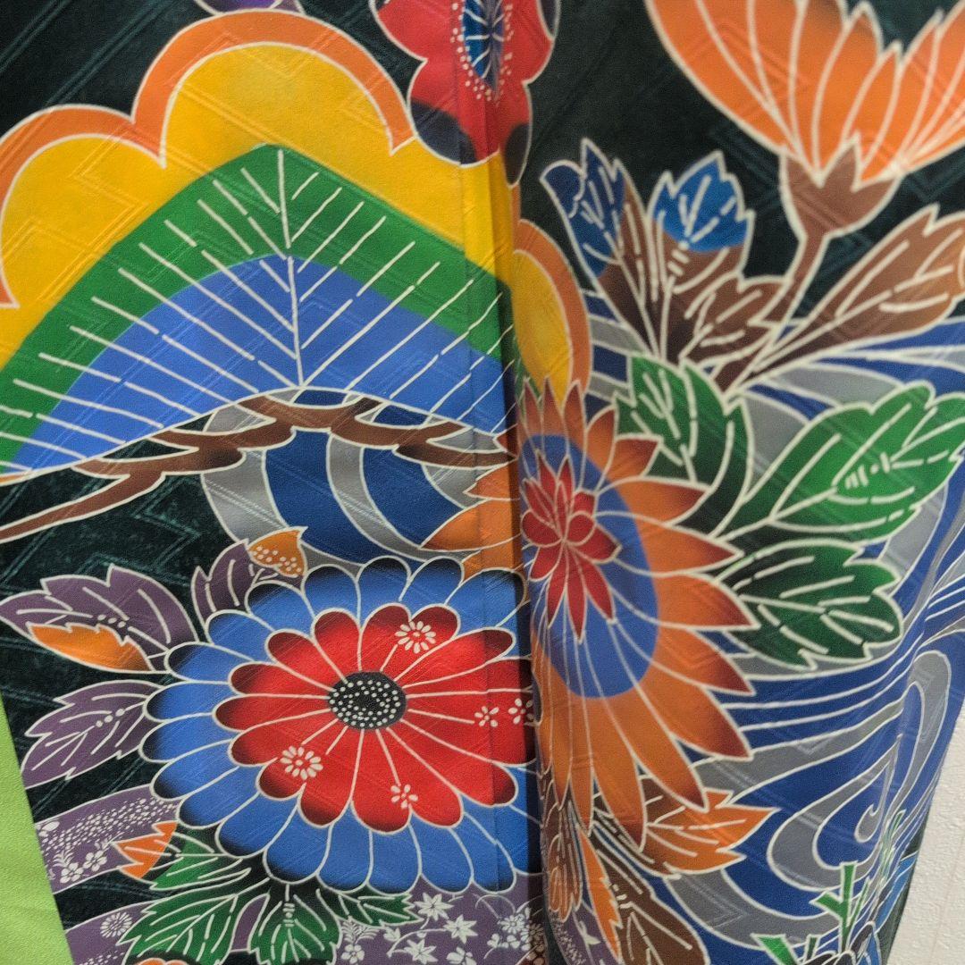 【上質】紅型風ダークグリーン花柄振袖