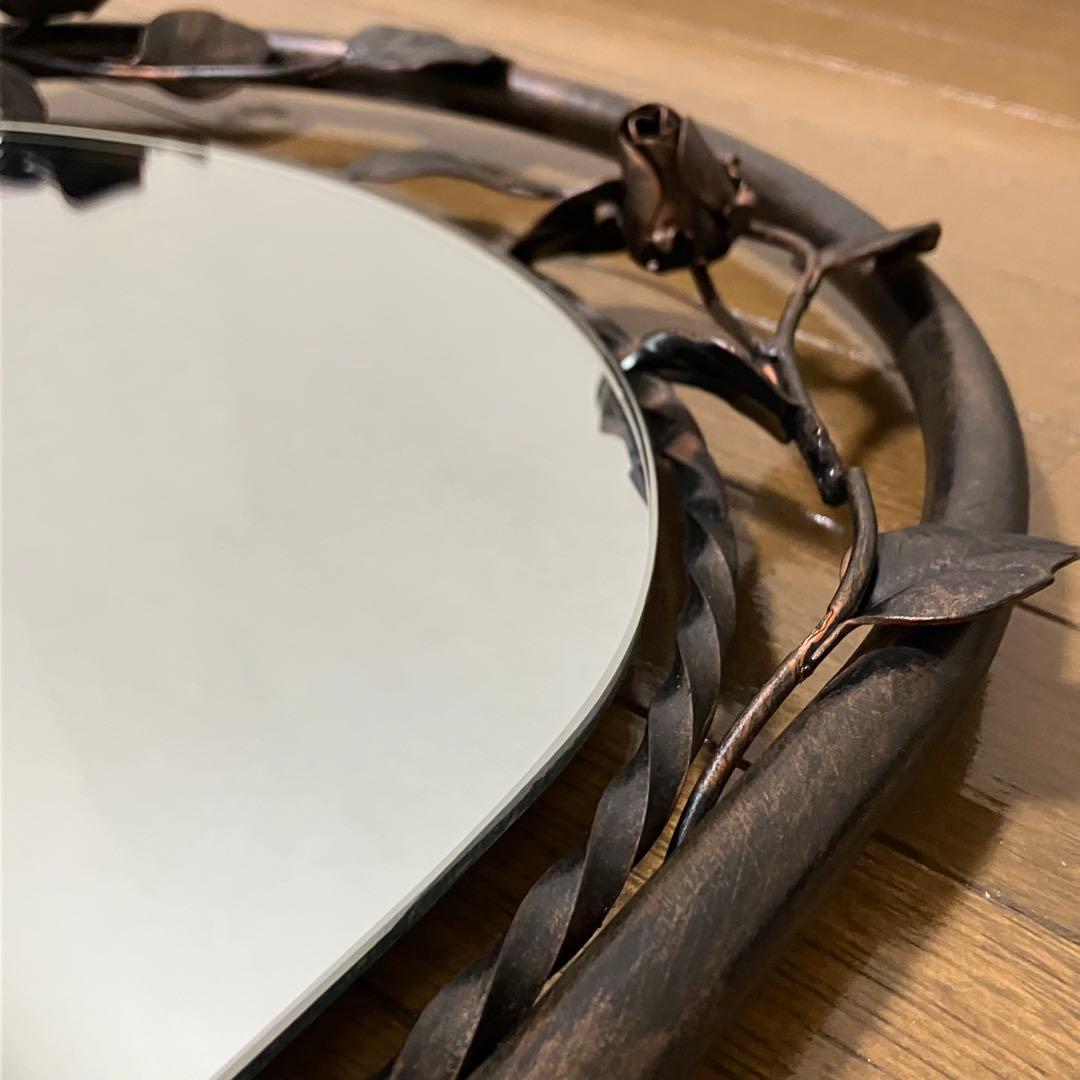 薔薇のアンティークミラー・フラワーデコレーションミラー・鏡・レトロアイアンミラー