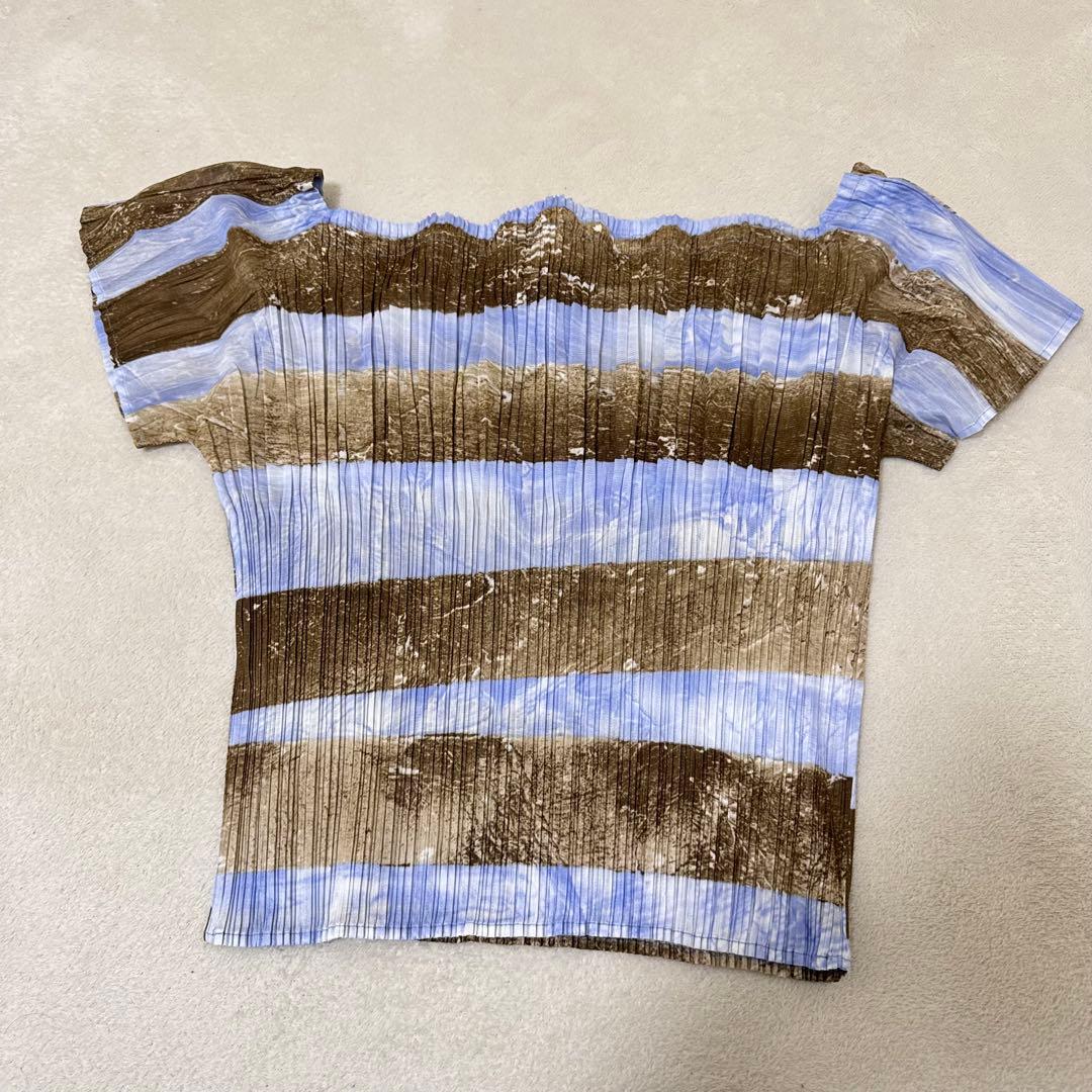 極美品✨PLEATS PLEASE プリーツ　半袖　オフショル　水色　ブラウン
