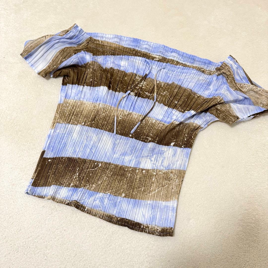 極美品✨PLEATS PLEASE プリーツ　半袖　オフショル　水色　ブラウン