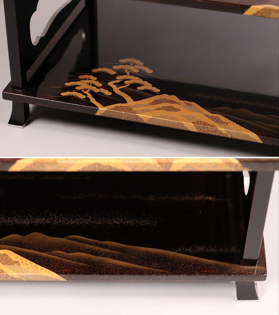 輪島塗 蒔絵師 久世宗春 山水金蒔絵 冠卓 二段卓 花台 黒塗【MA189】