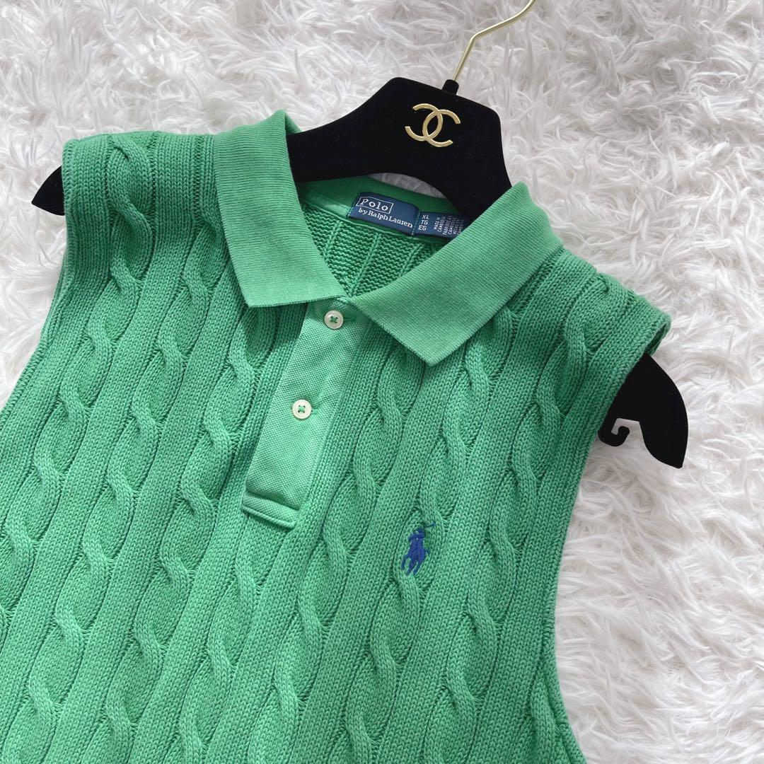 ポロバイラルフローレン　ケーブルニット クロップド ポロシャツ ベスト 緑 XL