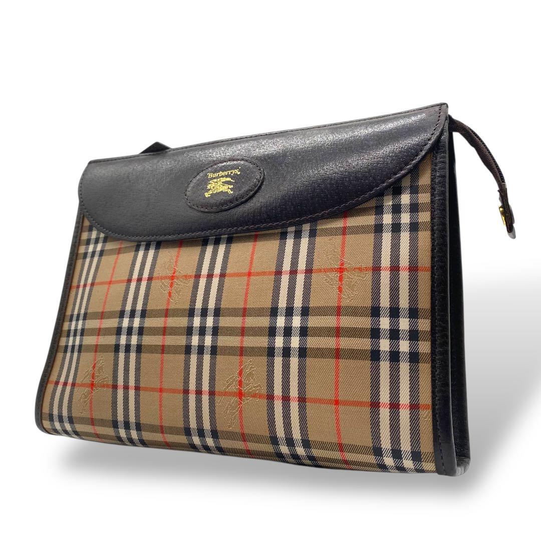 【美品】バーバリー クラッチバッグ ノバチェック キャンバス レザー ブラウン