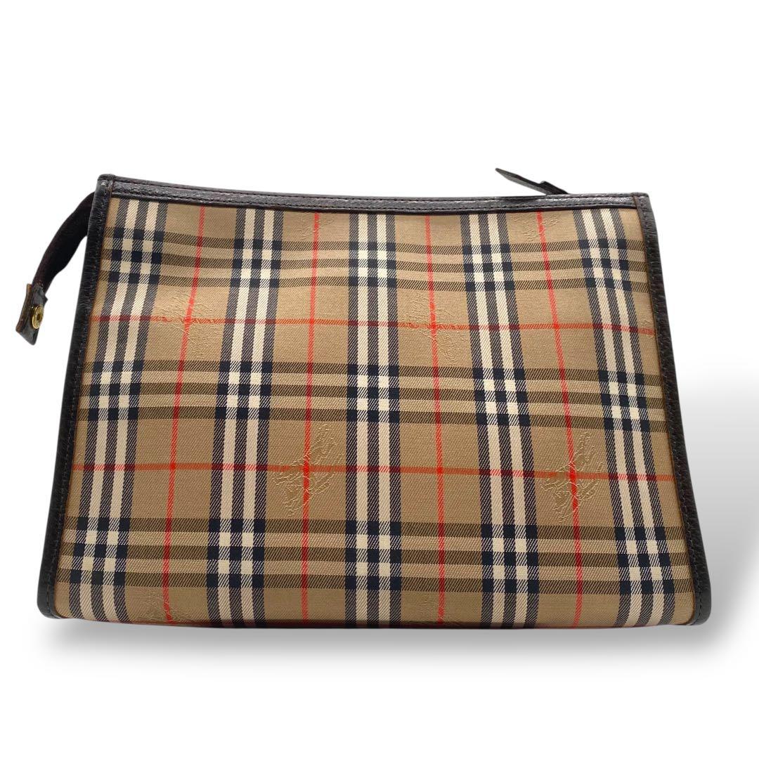 【美品】バーバリー クラッチバッグ ノバチェック キャンバス レザー ブラウン