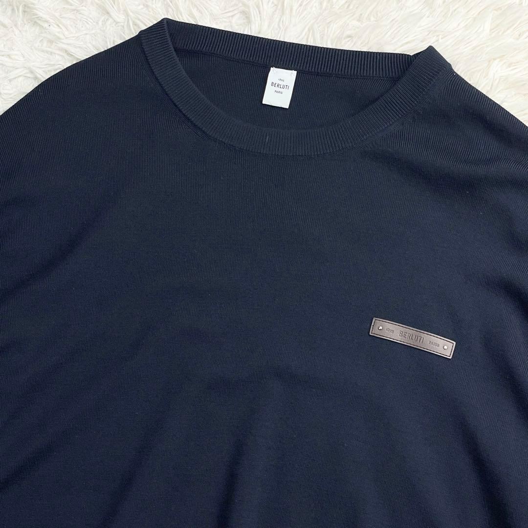 美品 希少 XLサイズ Berluti レザー ロゴパッチ ニット ネイビー