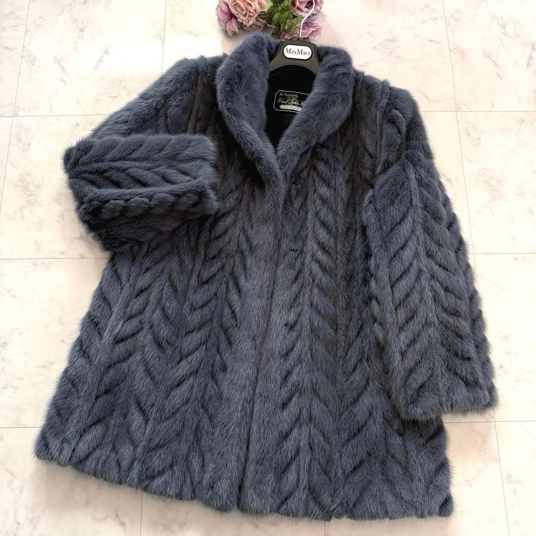 着丈82 くすみブルー 染めミンク ファーコート シェブロン模様 毛皮 軽量