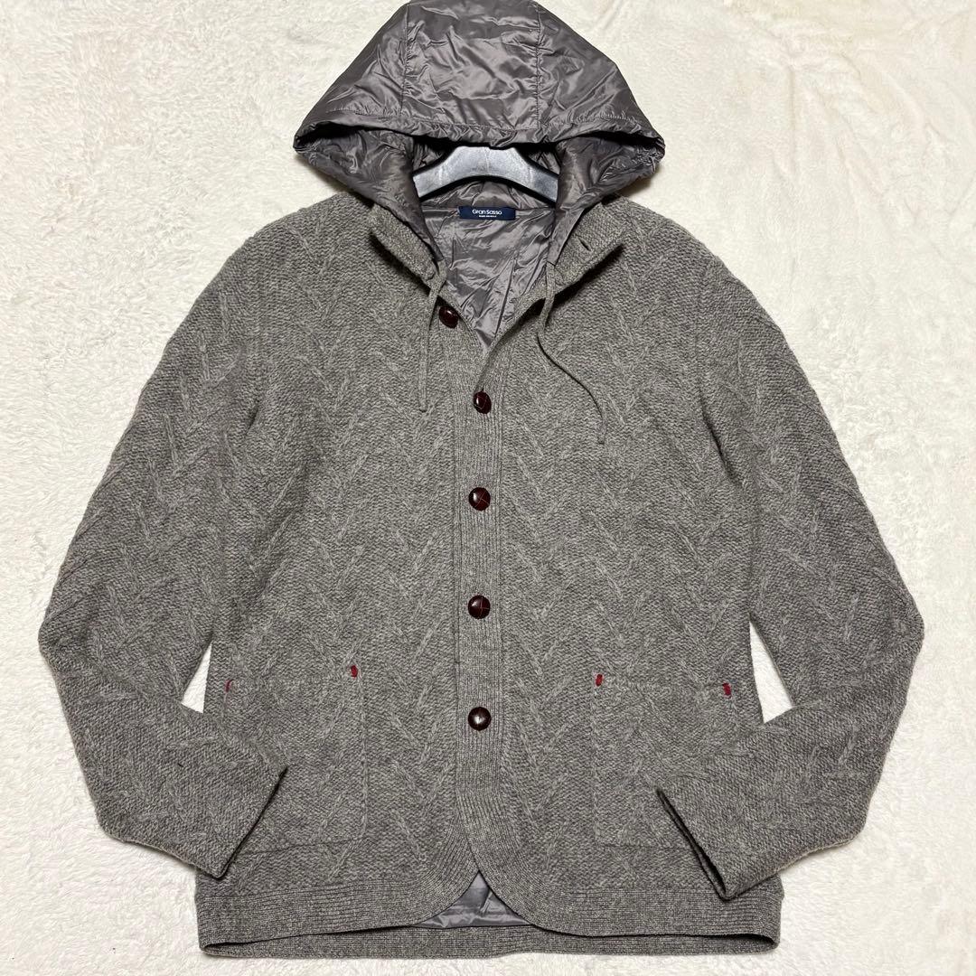 美品 グランサッソ ニット フード 胡桃ボタン ブルゾン グレー 48/L