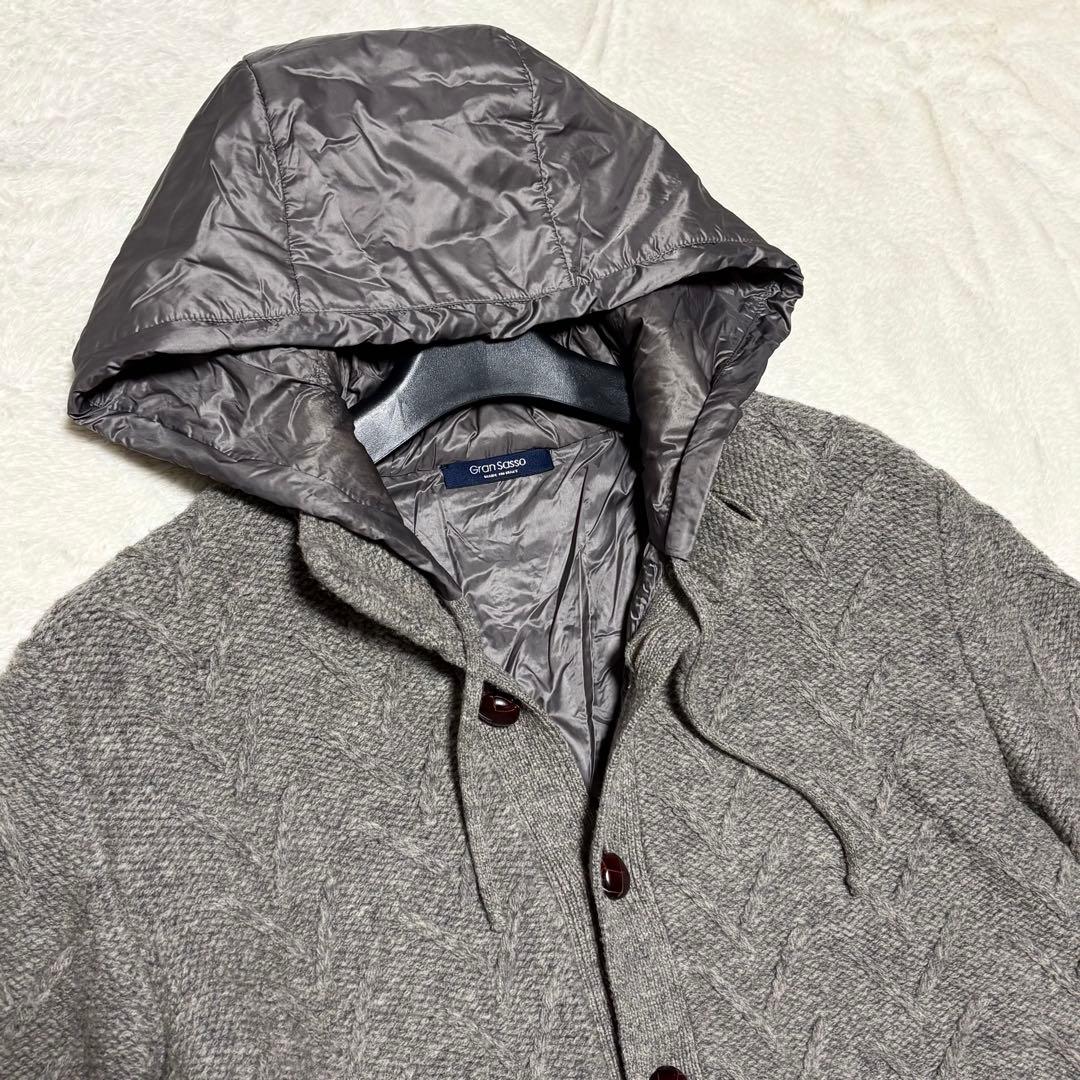 美品 グランサッソ ニット フード 胡桃ボタン ブルゾン グレー 48/L
