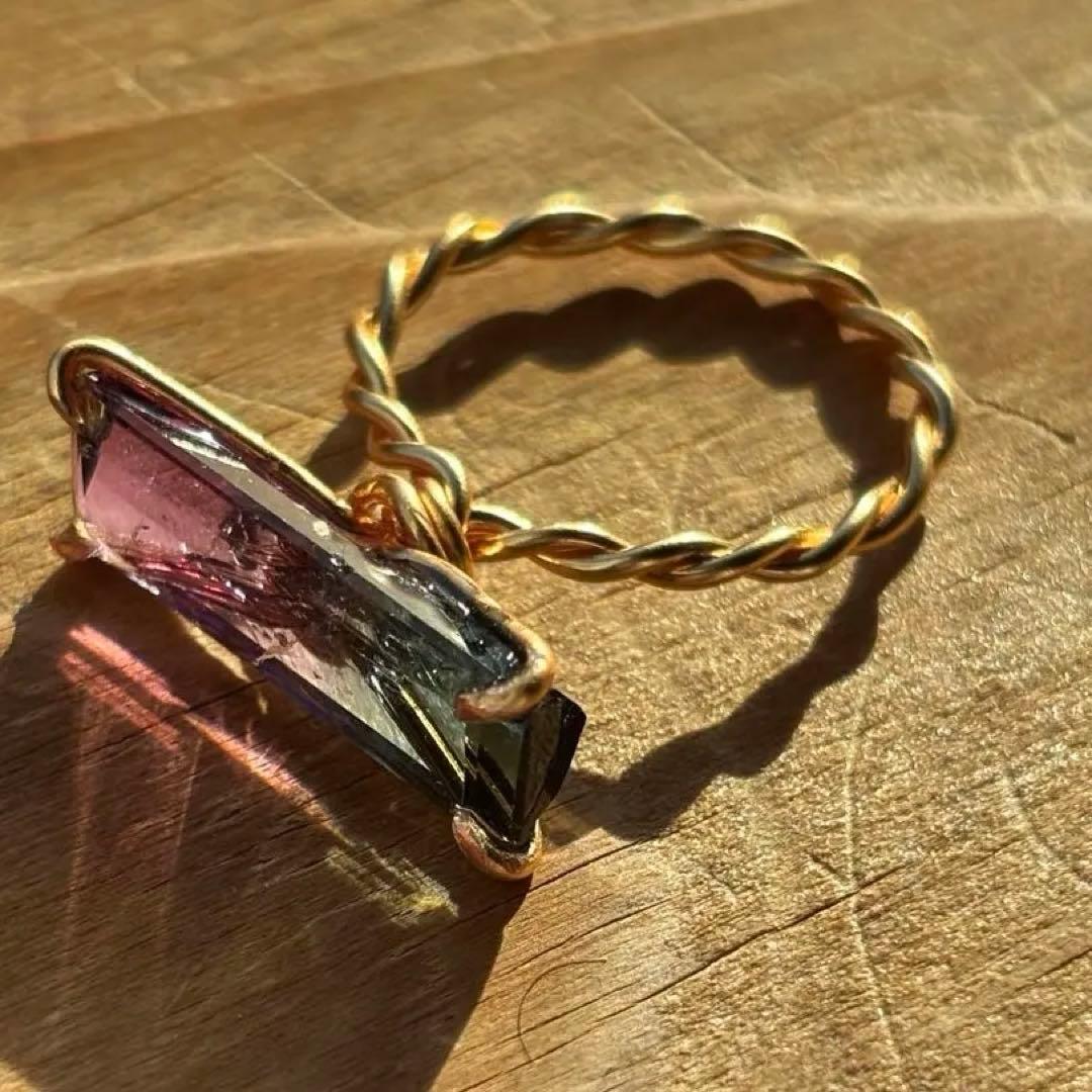 美品　希少　バイカラートルマリン　リング　ハンドメイド　k14gf 15号