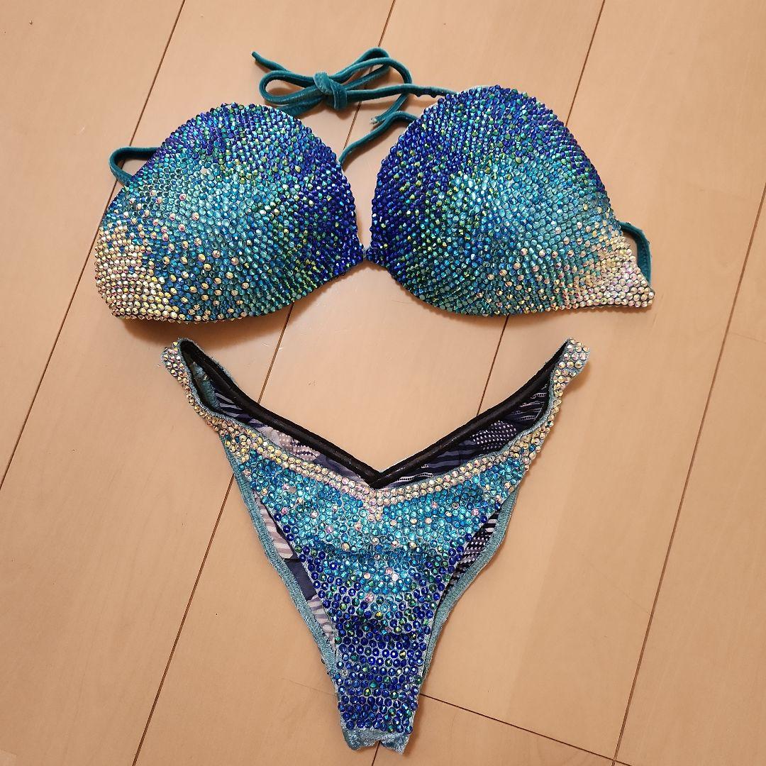 コンテスト用ビキニ　jbbf 青色系 アクセサリー付