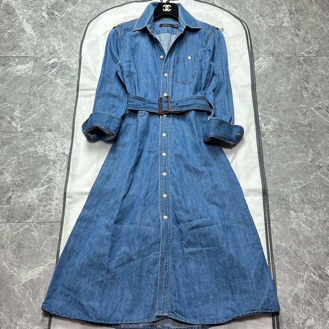 美品♡ラルフローレン　デニムシャツワンピース　ベルト　ロング　長袖　リネン
