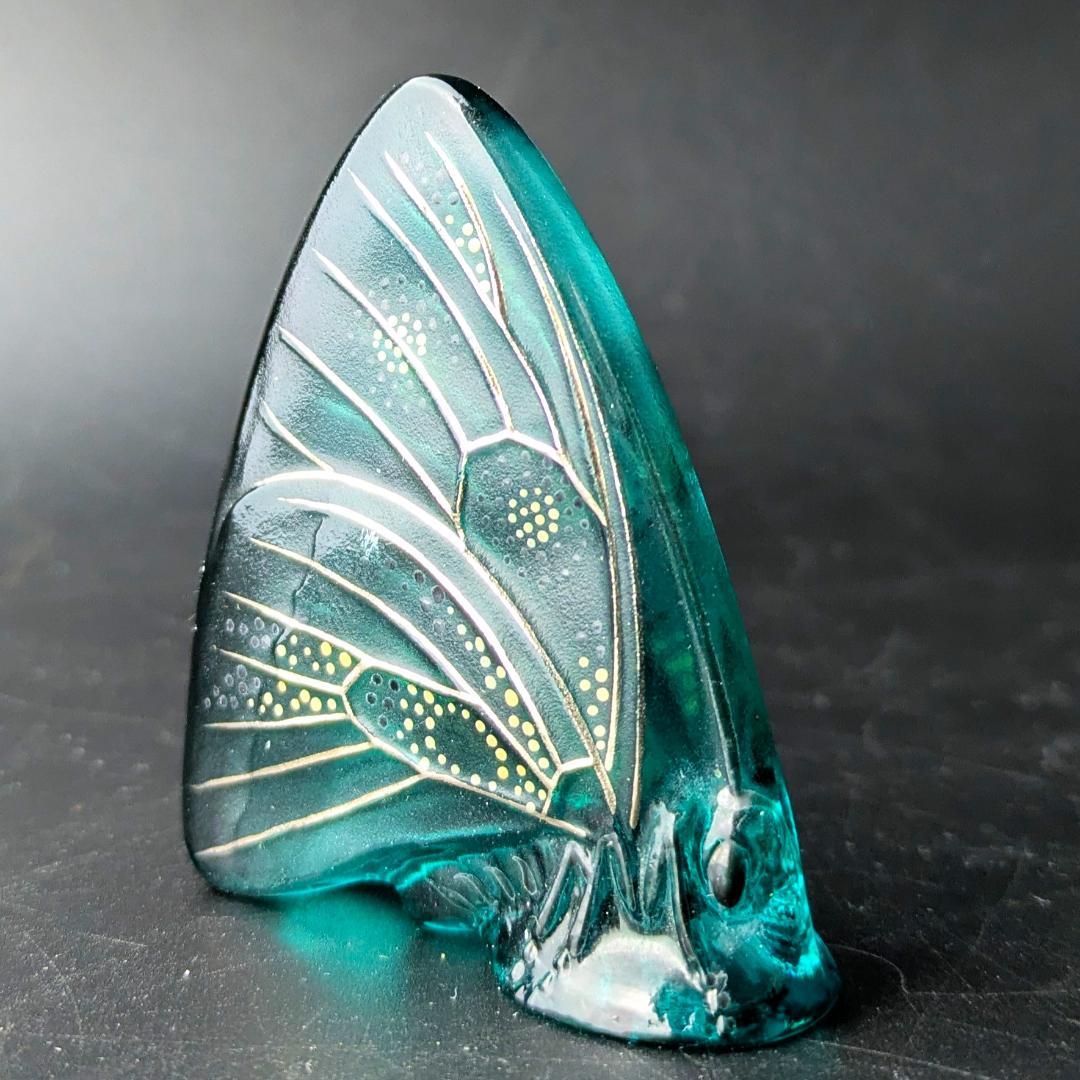 卓上芸術 ラリック 青ガラス彩色 パピヨン蝶オブジェ入手至難　精密エナメル