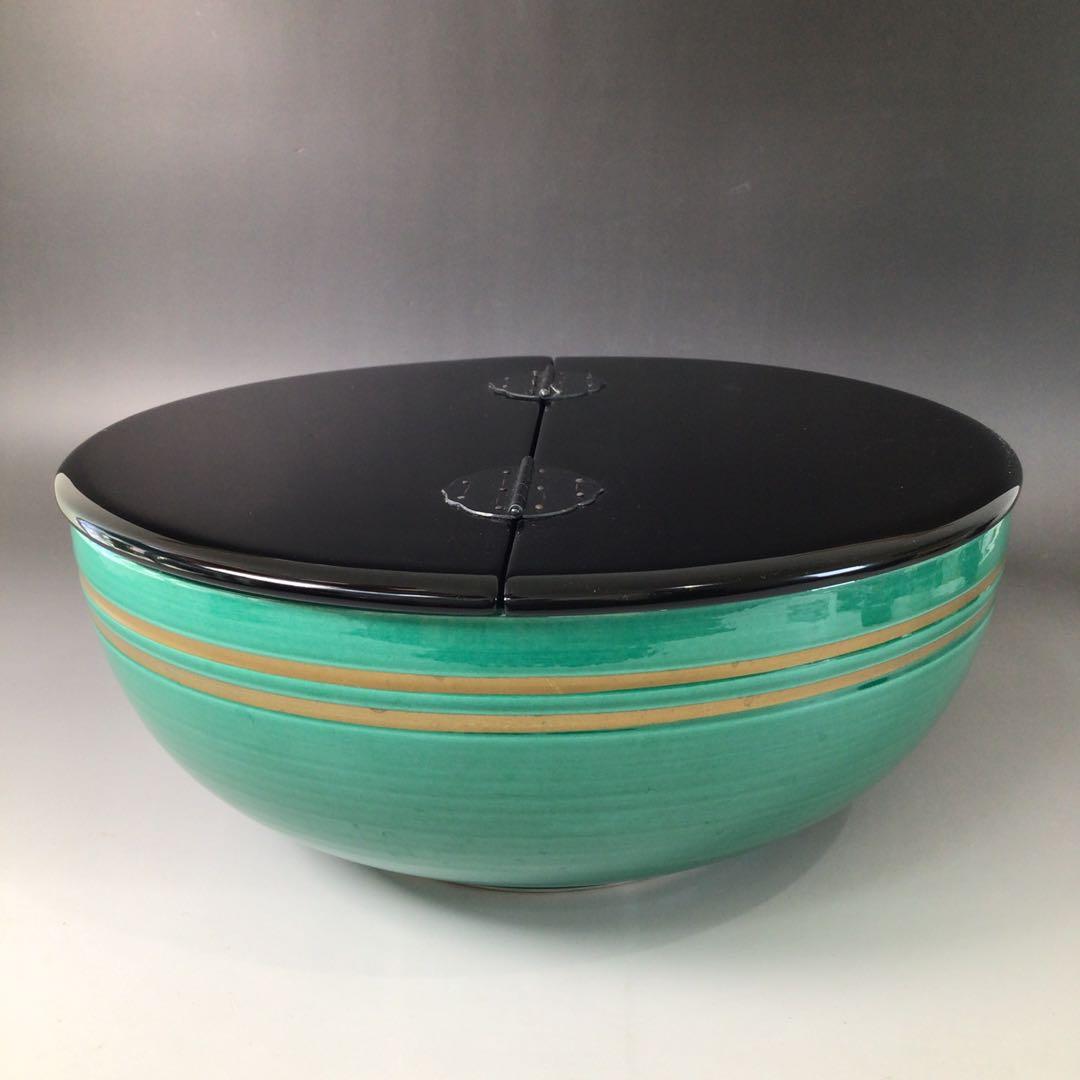 Ｒ９７５　水指　『御室窯造』『流水草花文』『青交趾』『平水指』　共箱　茶道具