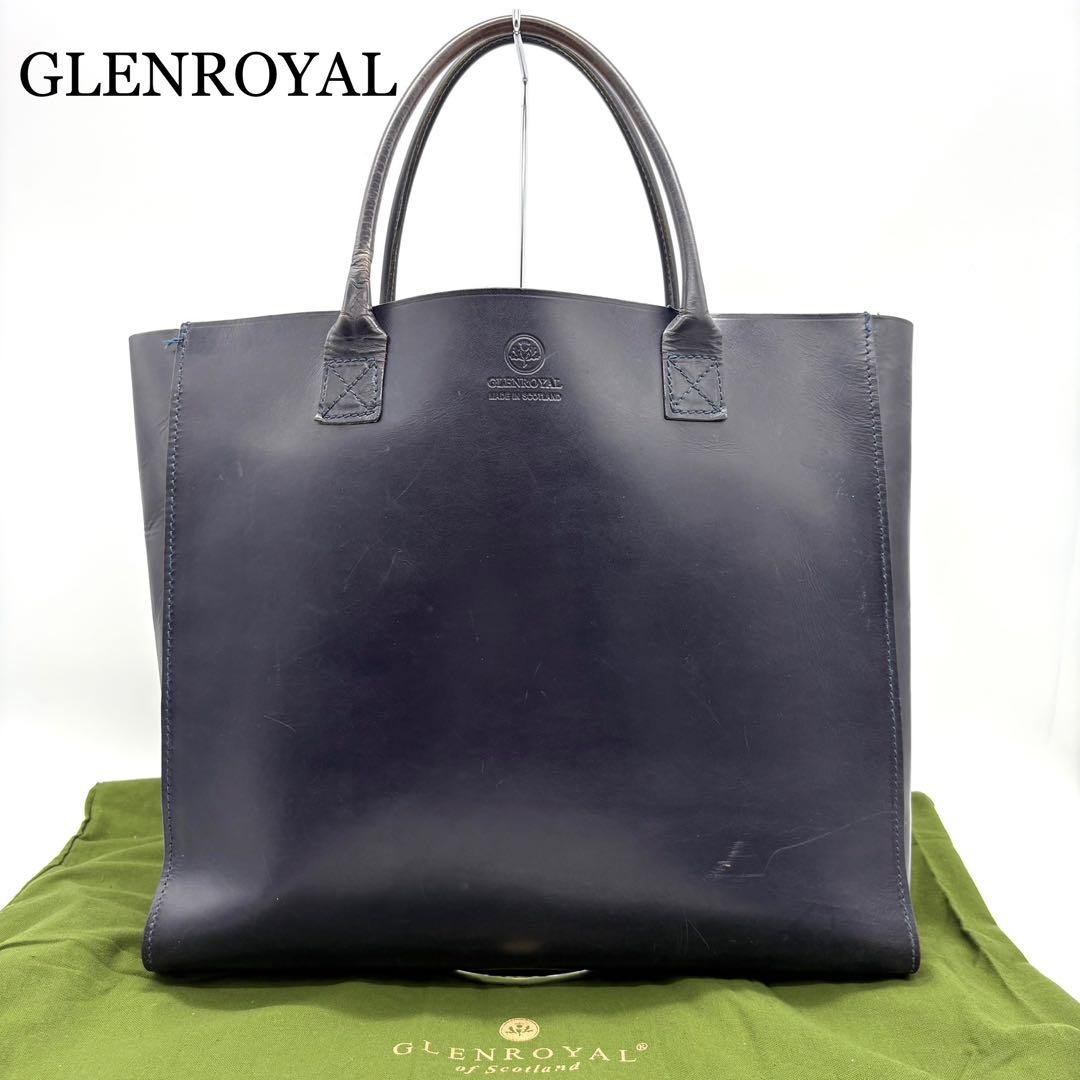 GLEN トートバッグ ビジネスバッグ 型押しロゴ ネイビー レザー
