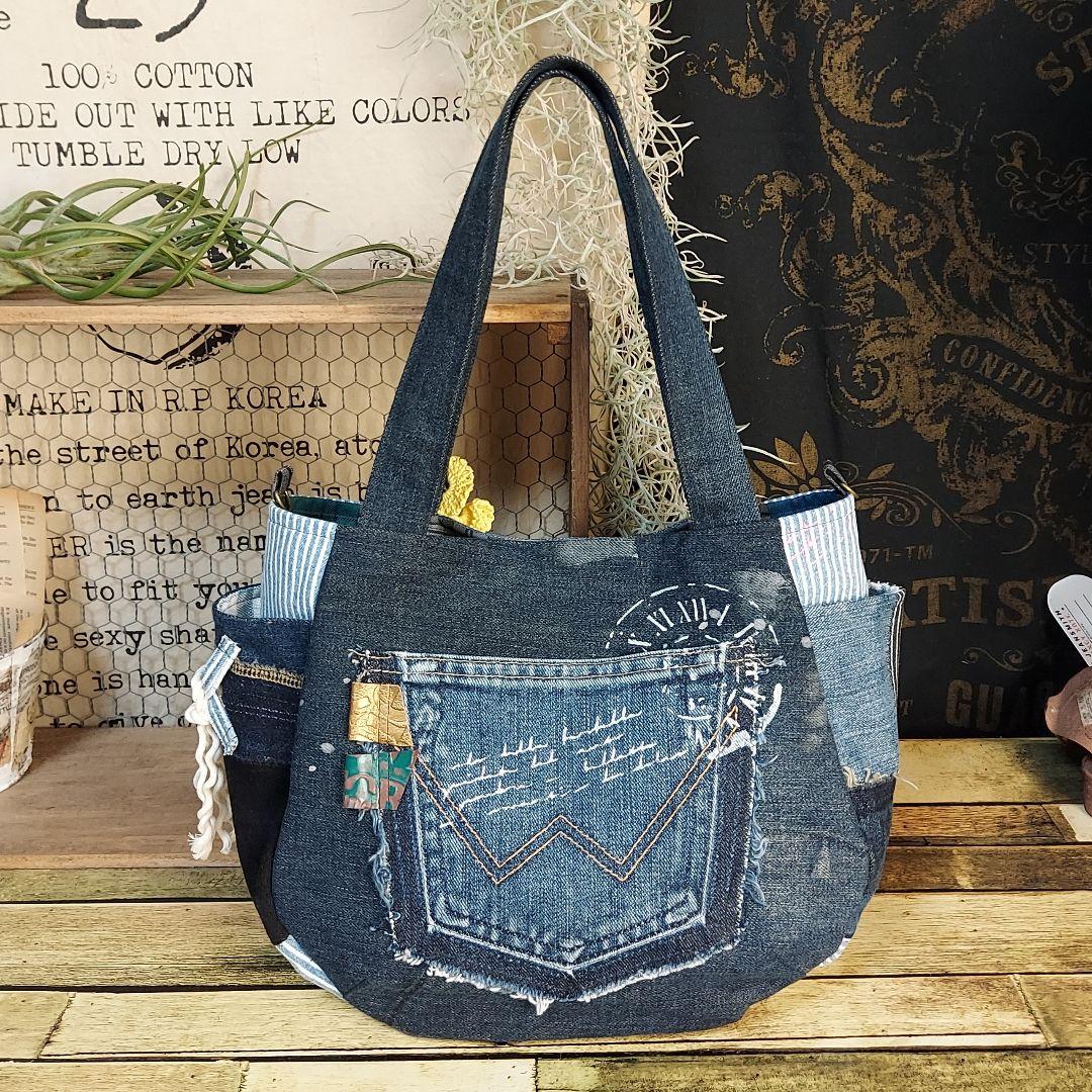 【ぽこぽん】刺繍デニムバックNo.633　刺繍ポーチNo.183