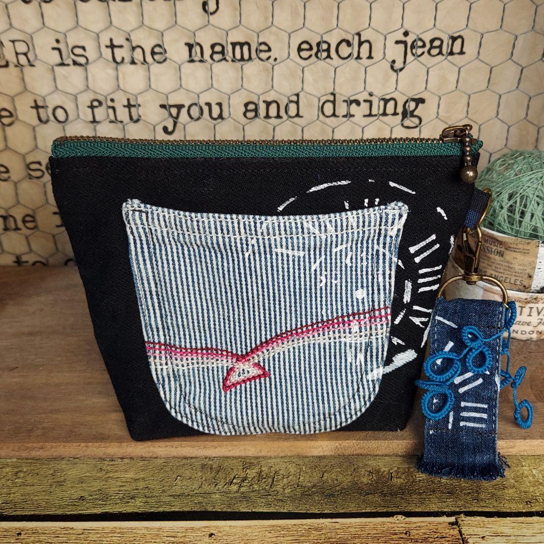 【ぽこぽん】刺繍デニムバックNo.633　刺繍ポーチNo.183