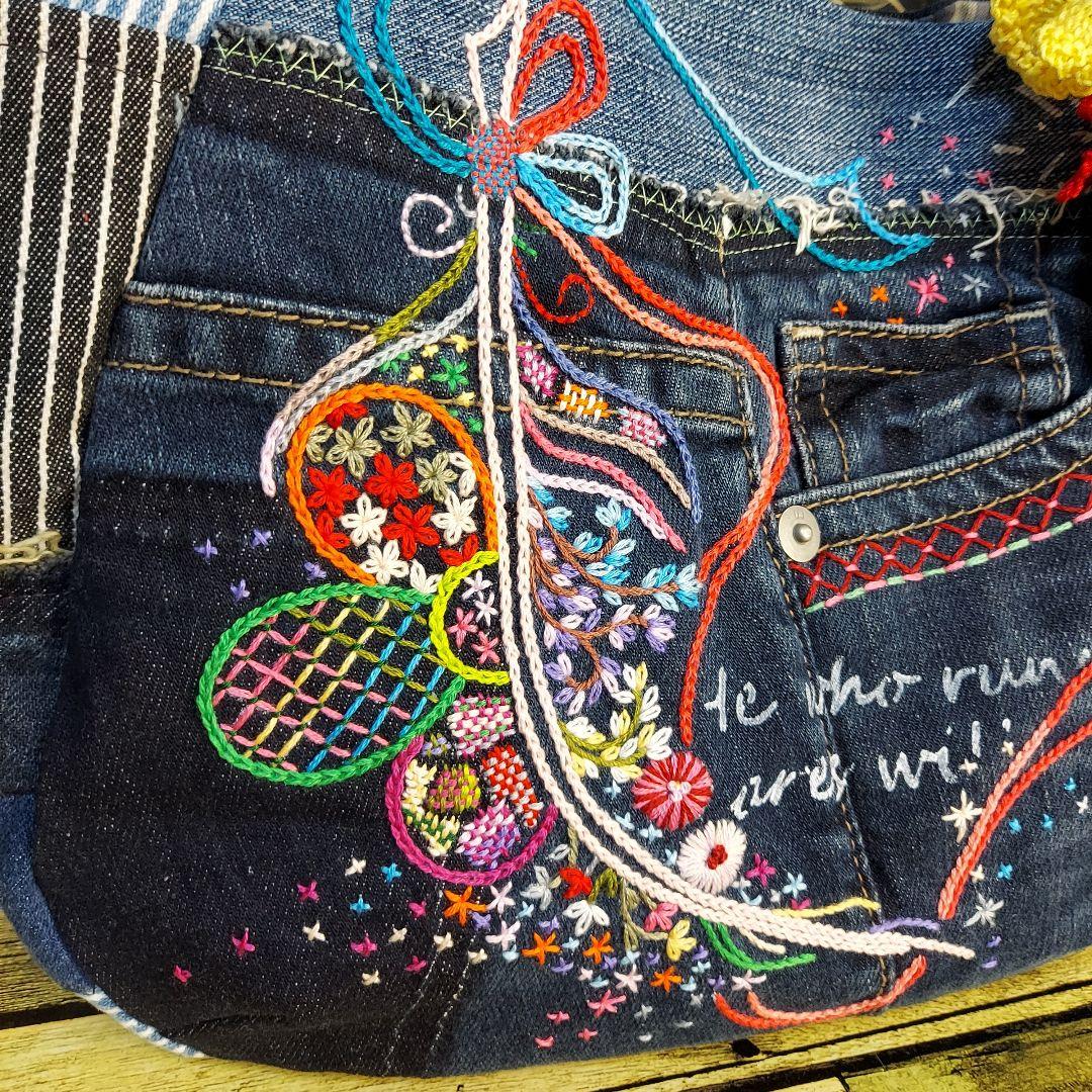 【ぽこぽん】刺繍デニムバックNo.633　刺繍ポーチNo.183