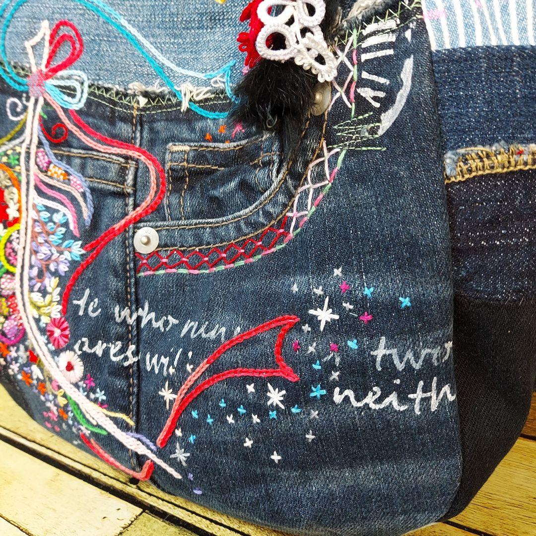 【ぽこぽん】刺繍デニムバックNo.633　刺繍ポーチNo.183