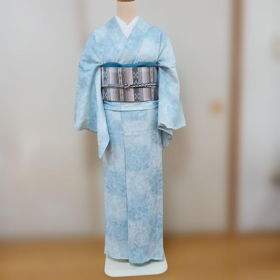 水色 花柄 紋紗着物
