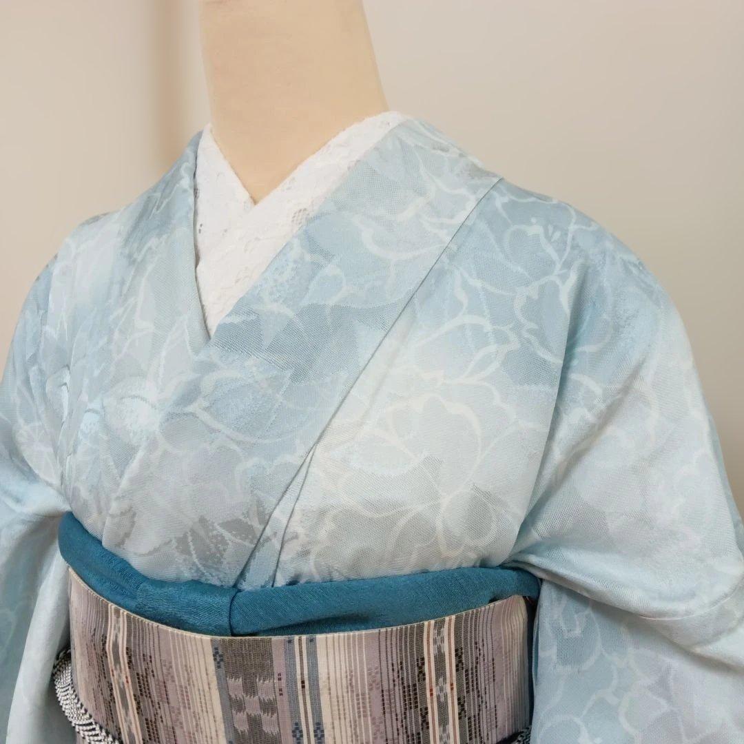水色 花柄 紋紗着物