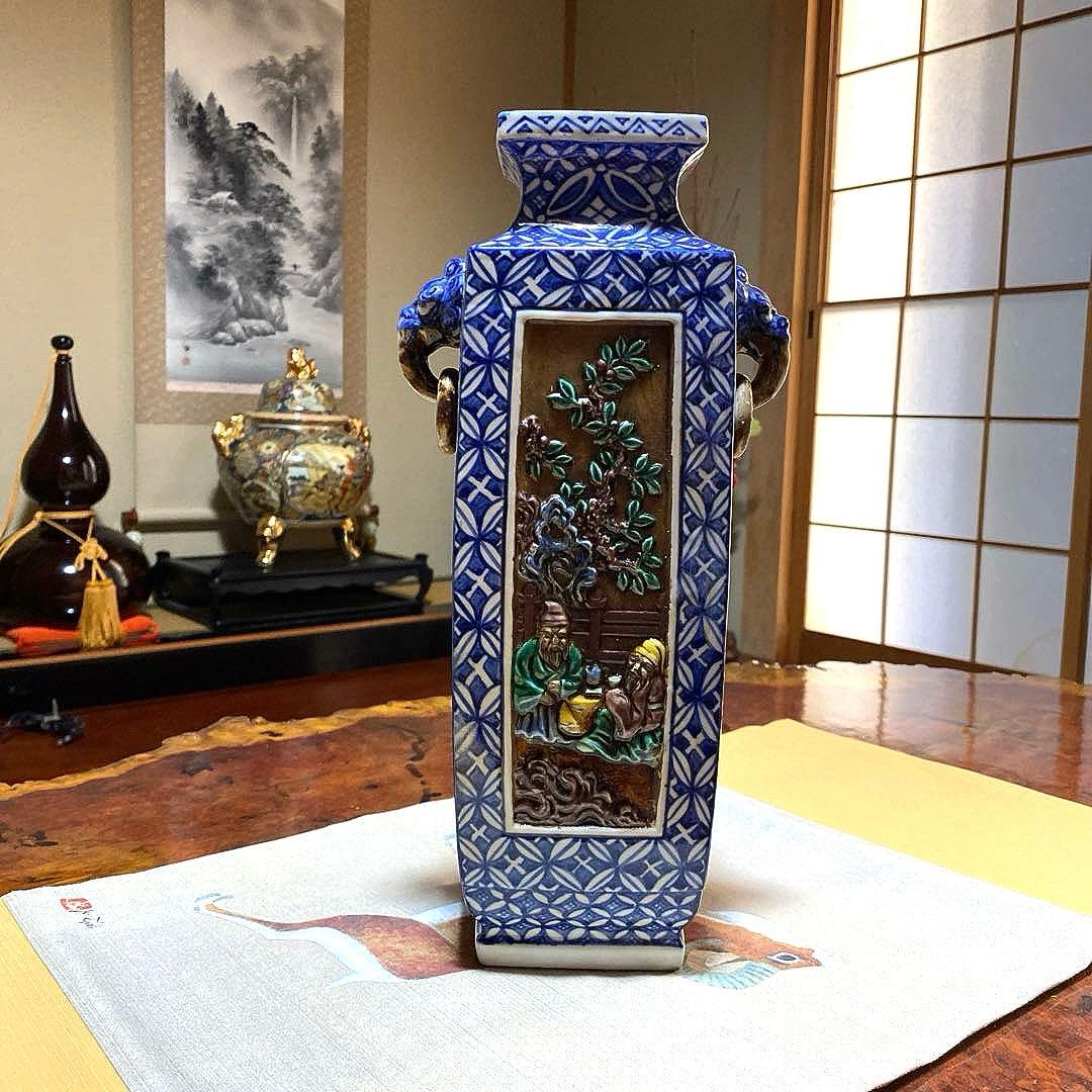 九谷焼　花瓶　緑角福　象双耳遊環　両耳　アンティーク　両耳　レア　希少