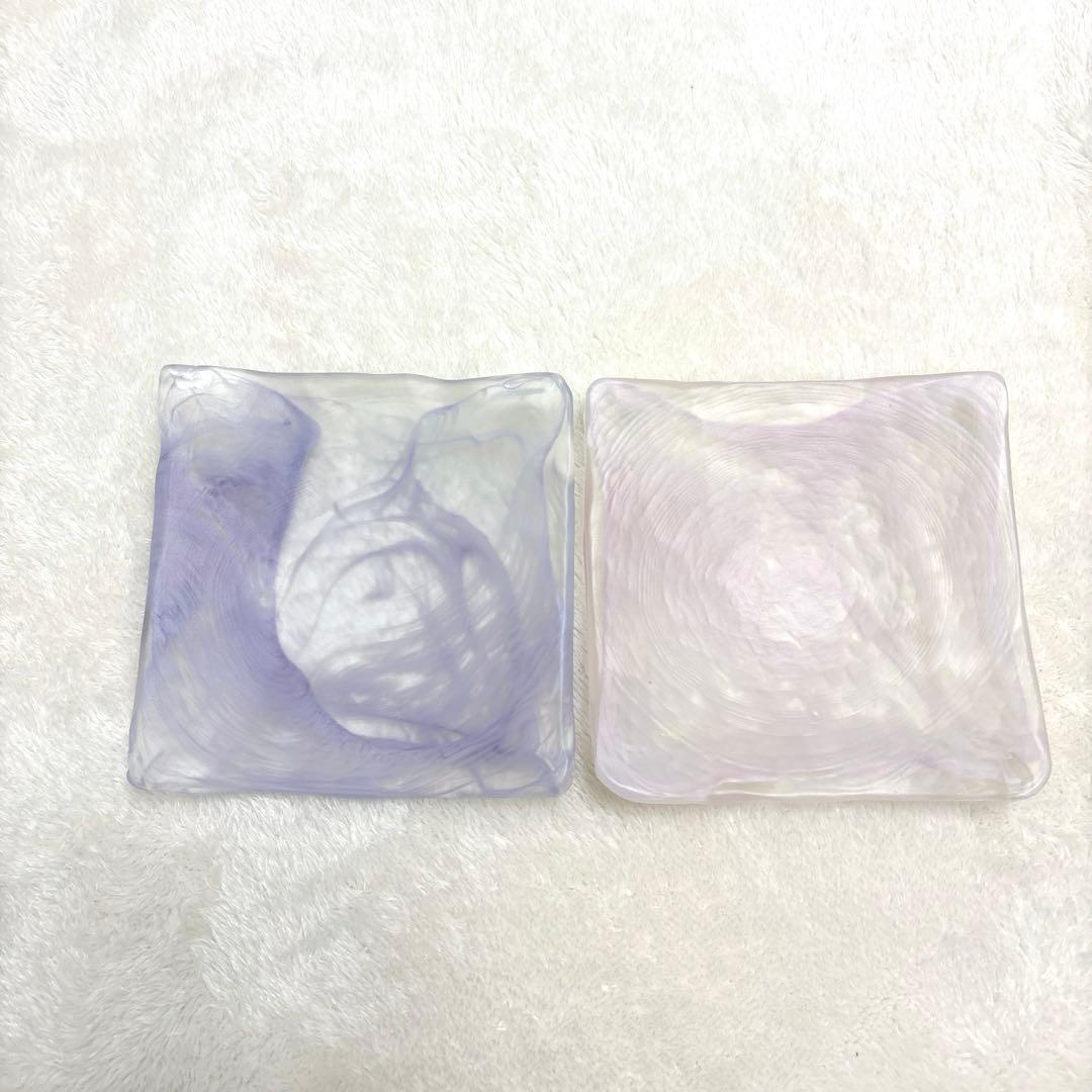【未使用品】手吹 四方皿 藤田潤作 薄紫・薄ピンク