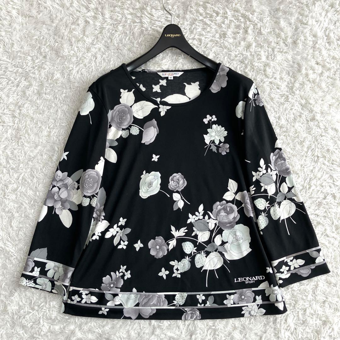 レオナール✨カットソー トップス 手洗い可能 トリム ストレッチ 花 黒 40