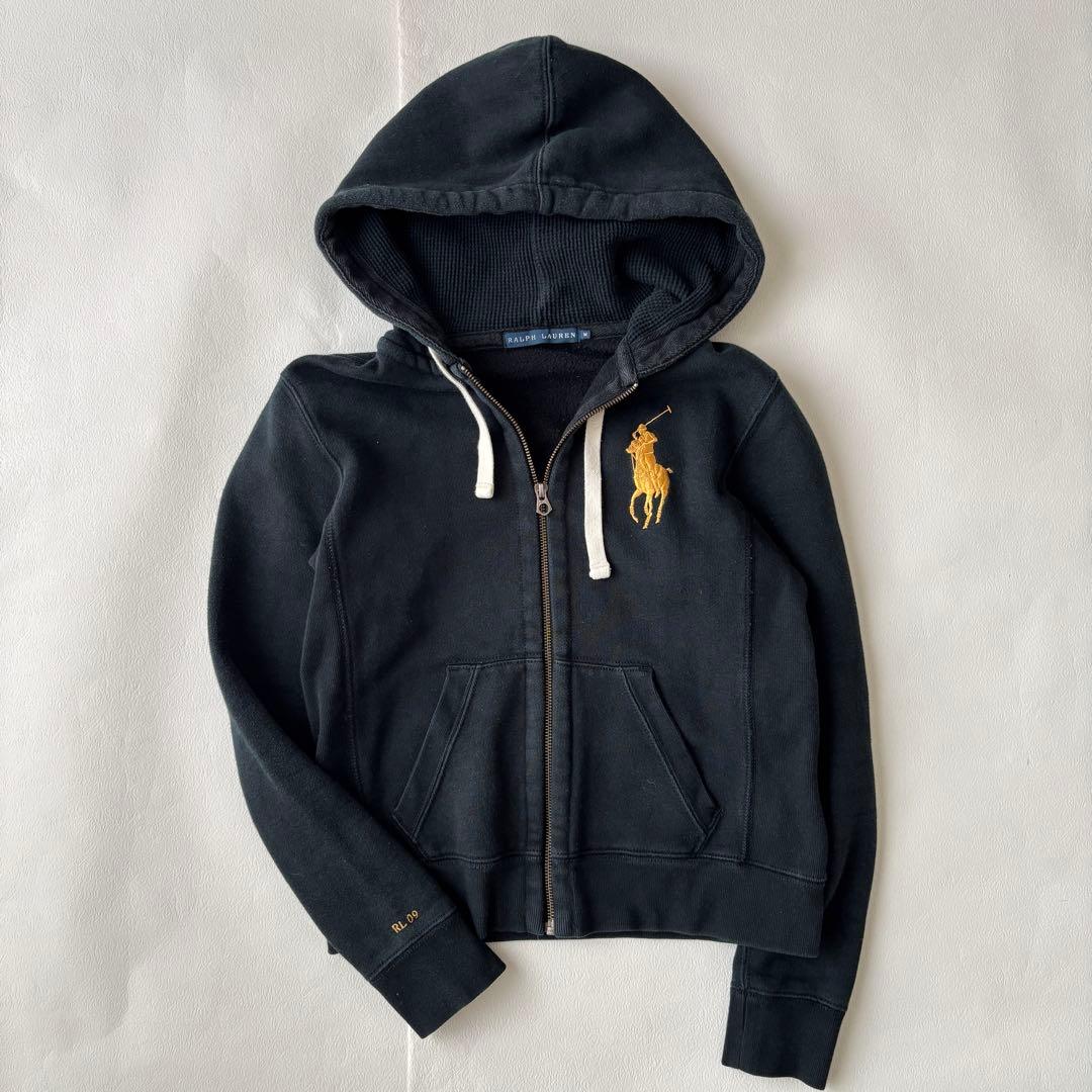 ラルフローレン　ビッグポニー　パーカー　裏起毛　ワッフル　刺繍入り　ブラック