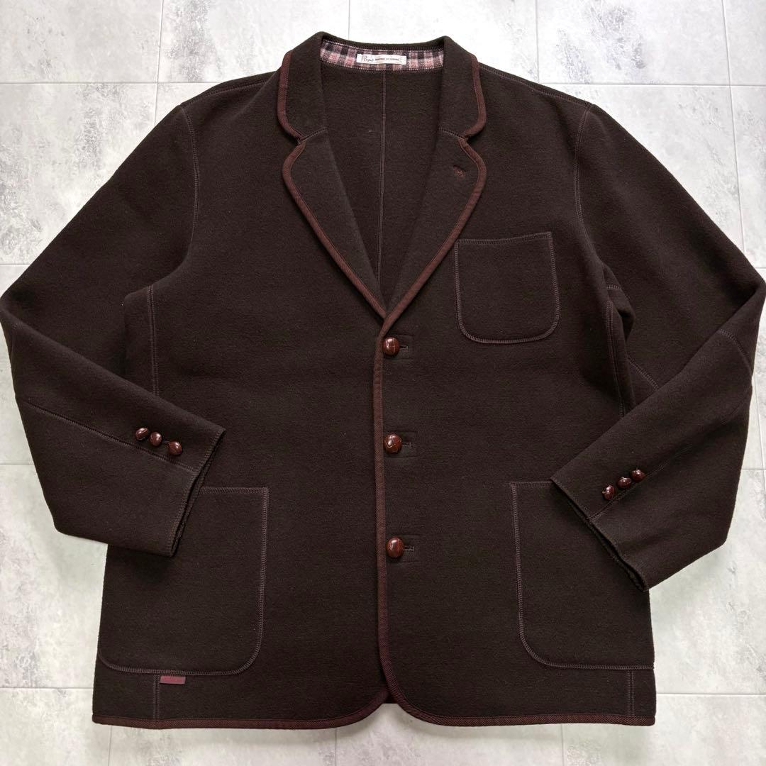 【美品】パパス 縮絨ウール テーラードジャケット パイピング 刺繍ロゴ クルミ釦