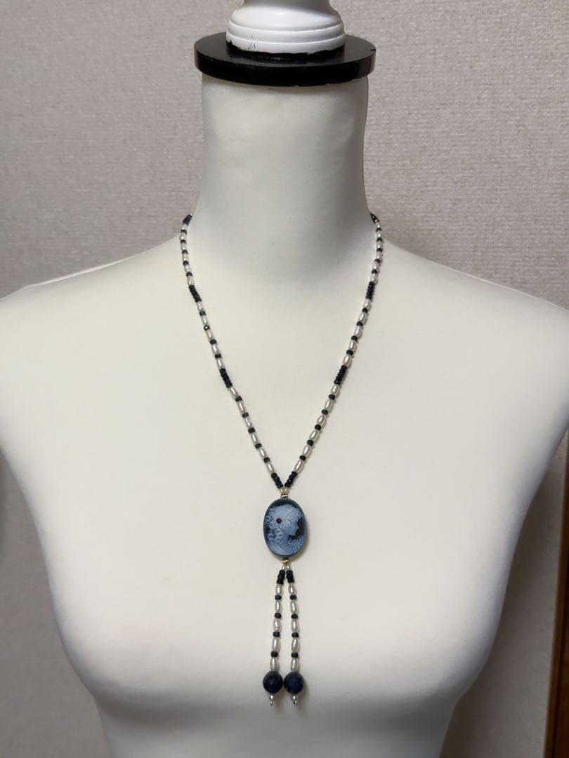 天然石瑪瑙カメオパール&サファイアコンビデザインネックレス　K18金