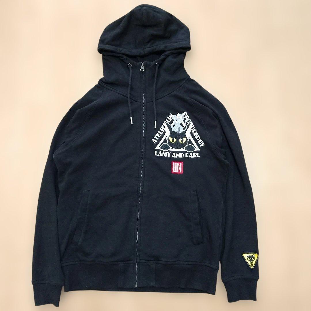 LIN（リン）ラミ＆アール ロゴ総刺繍 ジップパーカー BLACK