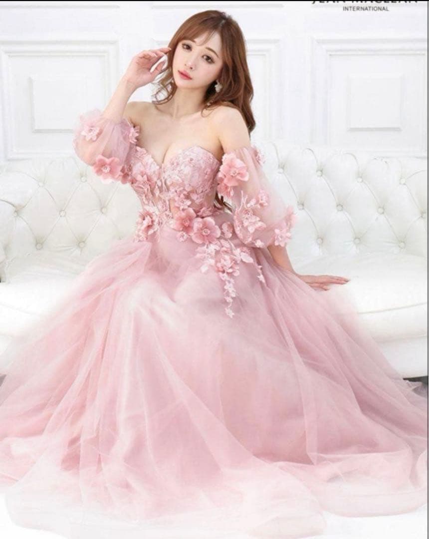 バースデードレス ピンク フラワー刺繍 オフショルダードレス