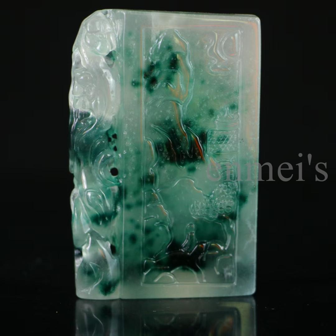 天然高氷種翡翠 山水図彫刻アート 長方形牌 縁起 中国美術品 贈答・収蔵・観賞用