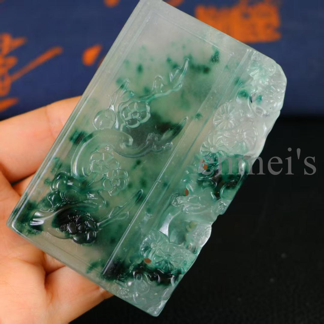 天然高氷種翡翠 山水図彫刻アート 長方形牌 縁起 中国美術品 贈答・収蔵・観賞用