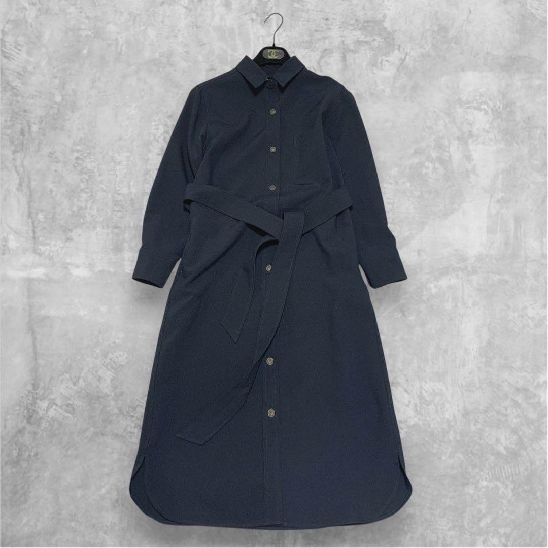 【未使用級】SOEJU　ソフトオックスシャツワンピース　Aライン　ベルト　紺色