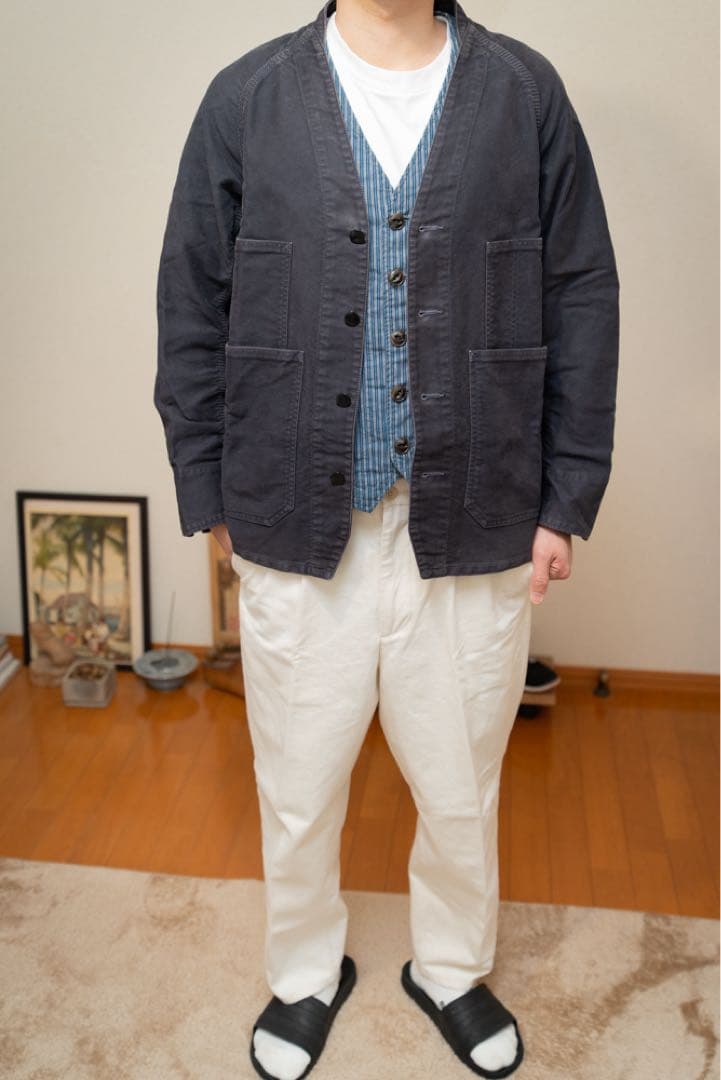ネイビー コットン ノーカラージャケット