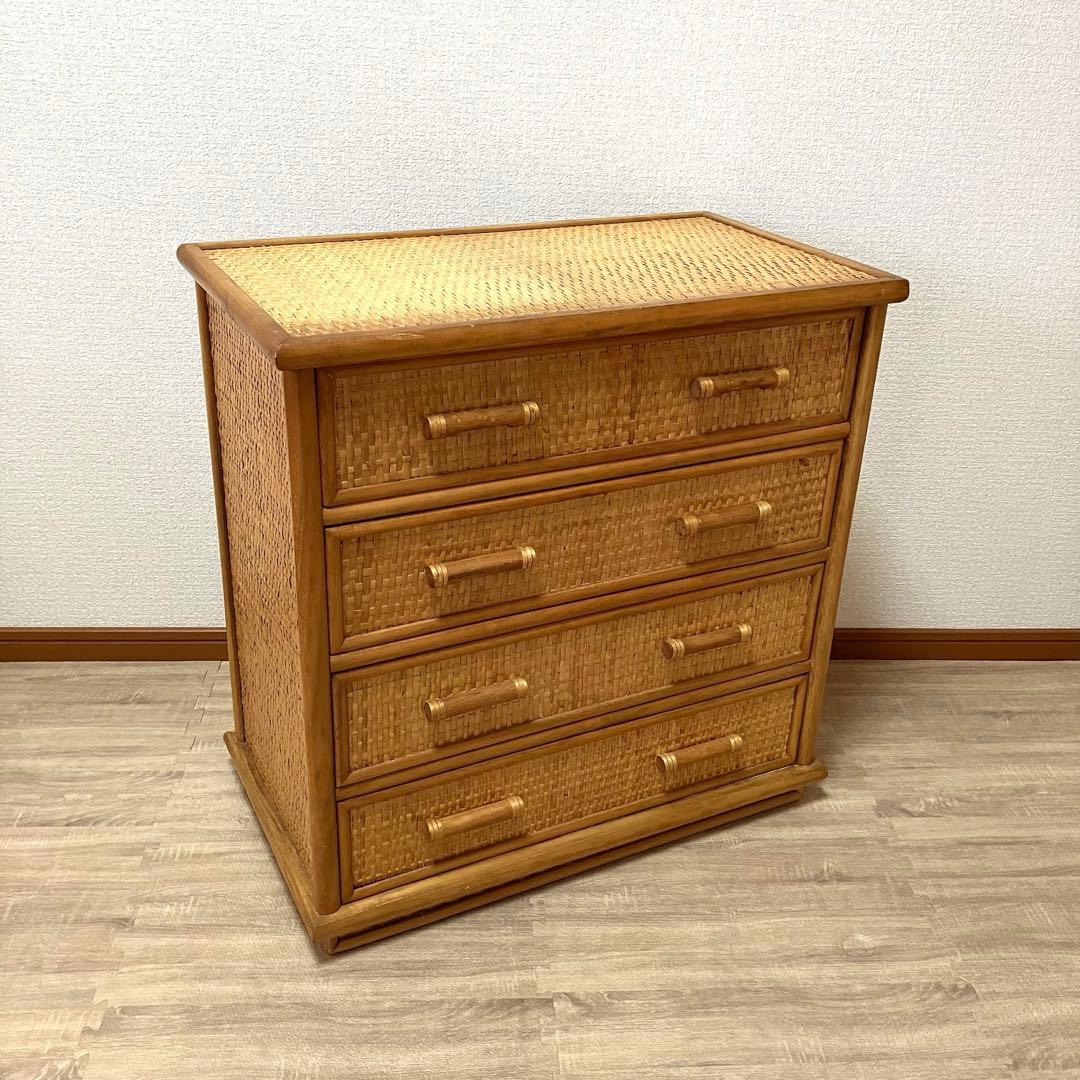 【良品】ラタン製 4段チェスト レトロ家具 ナチュラル収納