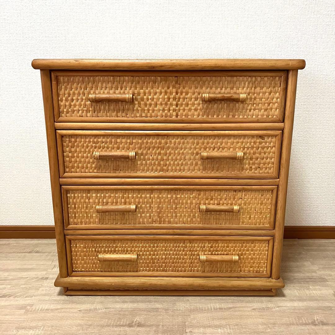 【良品】ラタン製 4段チェスト レトロ家具 ナチュラル収納