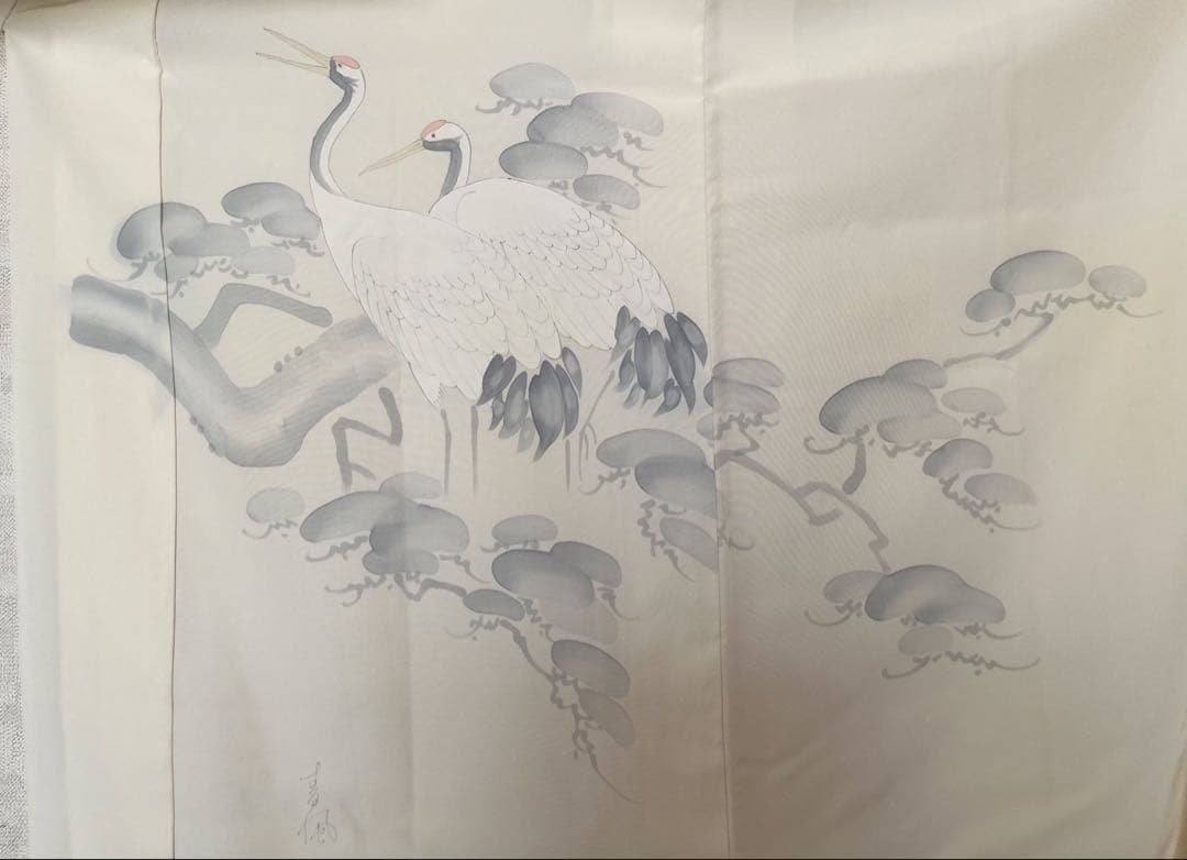長襦袢◎袷 生成り 白 薄墨のつがいの立鶴 松の枝振り 水墨画 落款付