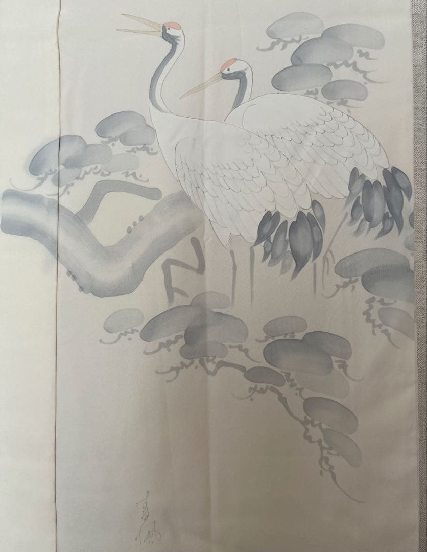 長襦袢◎袷 生成り 白 薄墨のつがいの立鶴 松の枝振り 水墨画 落款付