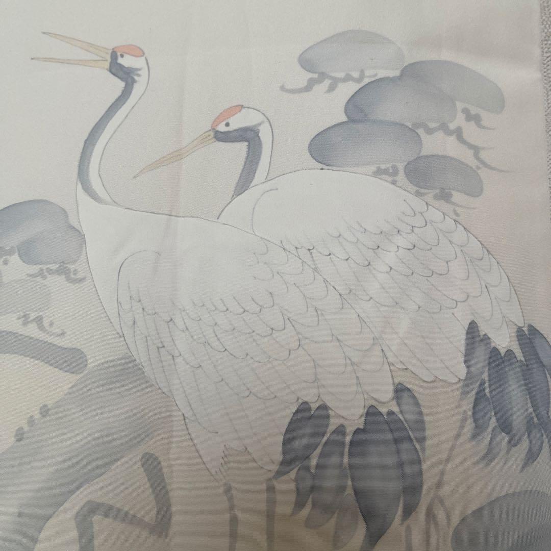 長襦袢◎袷 生成り 白 薄墨のつがいの立鶴 松の枝振り 水墨画 落款付