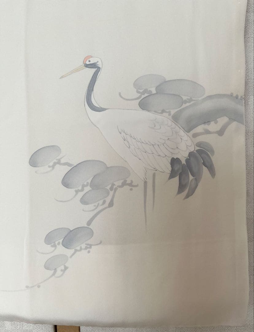 長襦袢◎袷 生成り 白 薄墨のつがいの立鶴 松の枝振り 水墨画 落款付