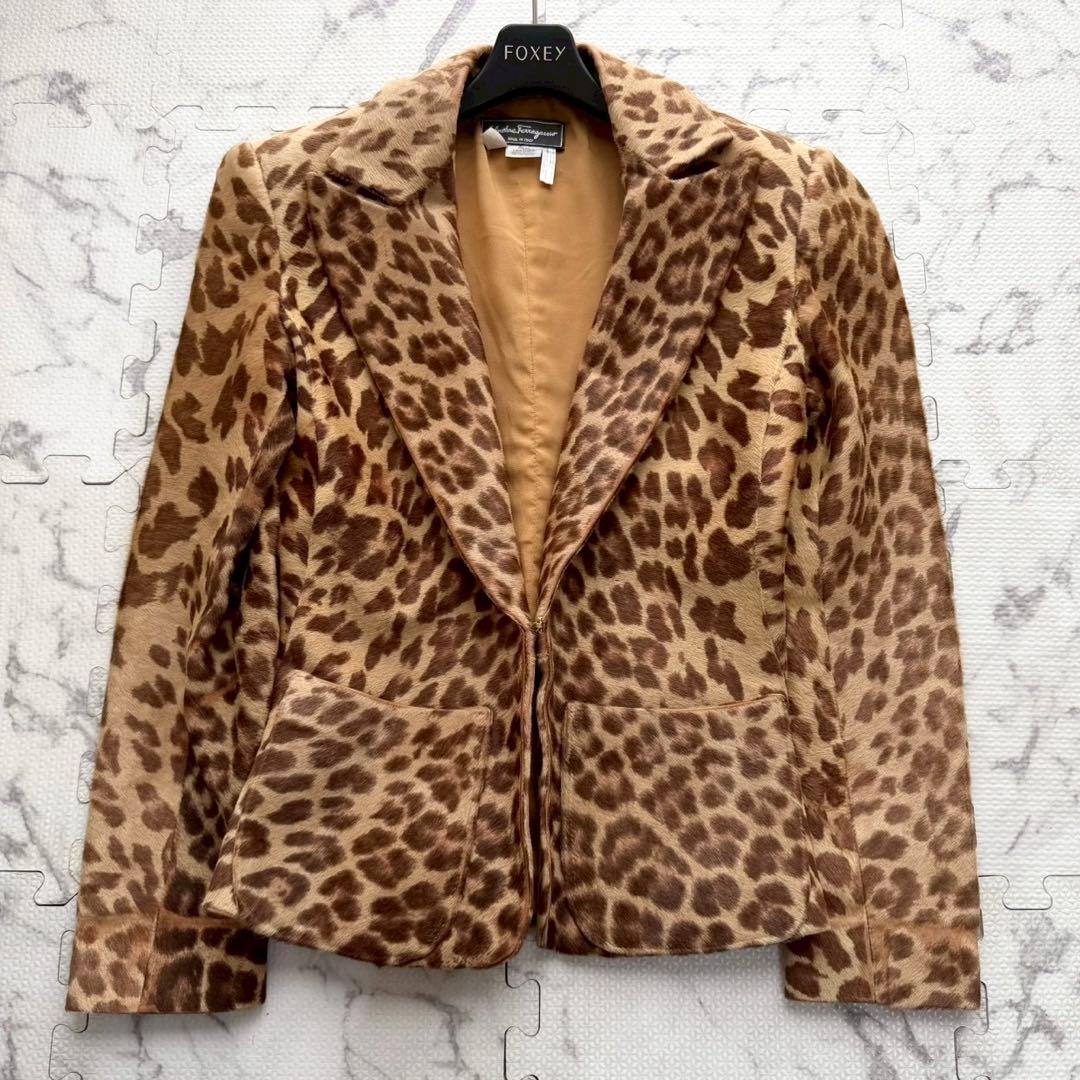 美品✨サルヴァトーレフェラガモ レオパード柄 ハラコ 本革 テーラードジャケット