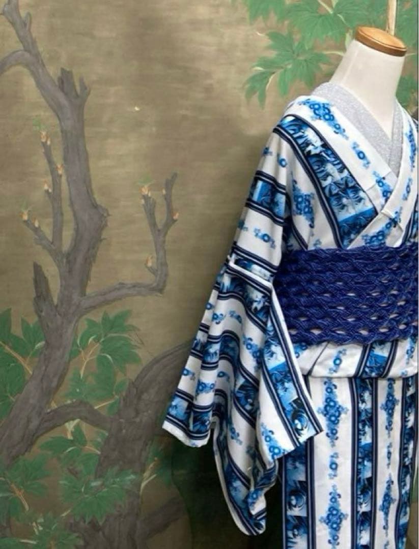 人とかぶりませんセオα アニメマリンブルーストライプ　浴衣　おまかせ帯プレゼント