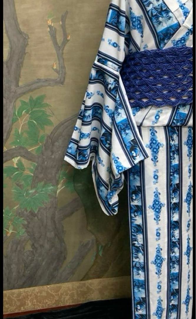 人とかぶりませんセオα アニメマリンブルーストライプ　浴衣　おまかせ帯プレゼント