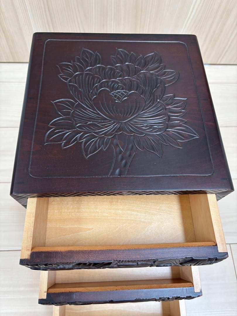 日光彫　小引き出し　牡丹　菖蒲　あやめ　工芸