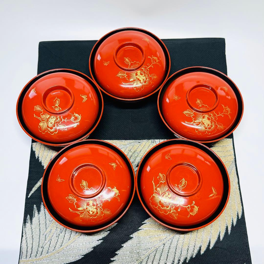 漆器　輪島塗　木製　彫り牡丹文　蒔絵　蓋付椀　汁椀　5客　時代物