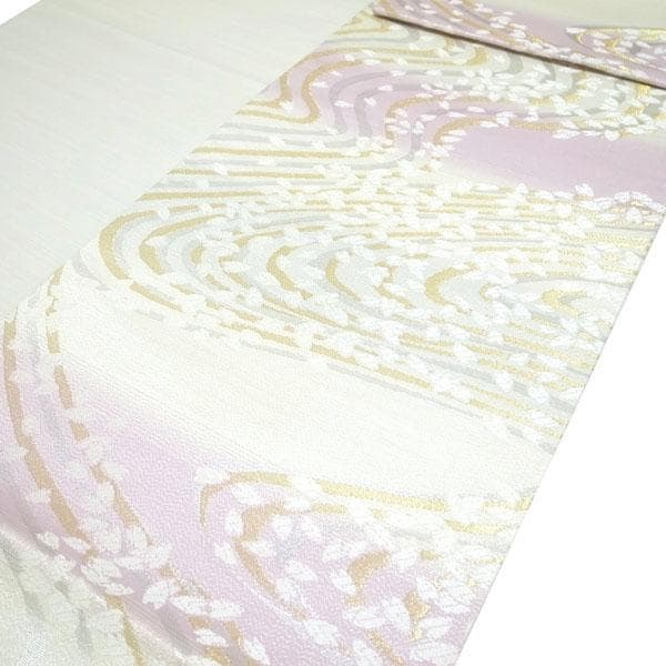 袋帯 京都 西陣 金銀糸 美しいデザイン 白 桜の花弁 流水 中古 kp2279
