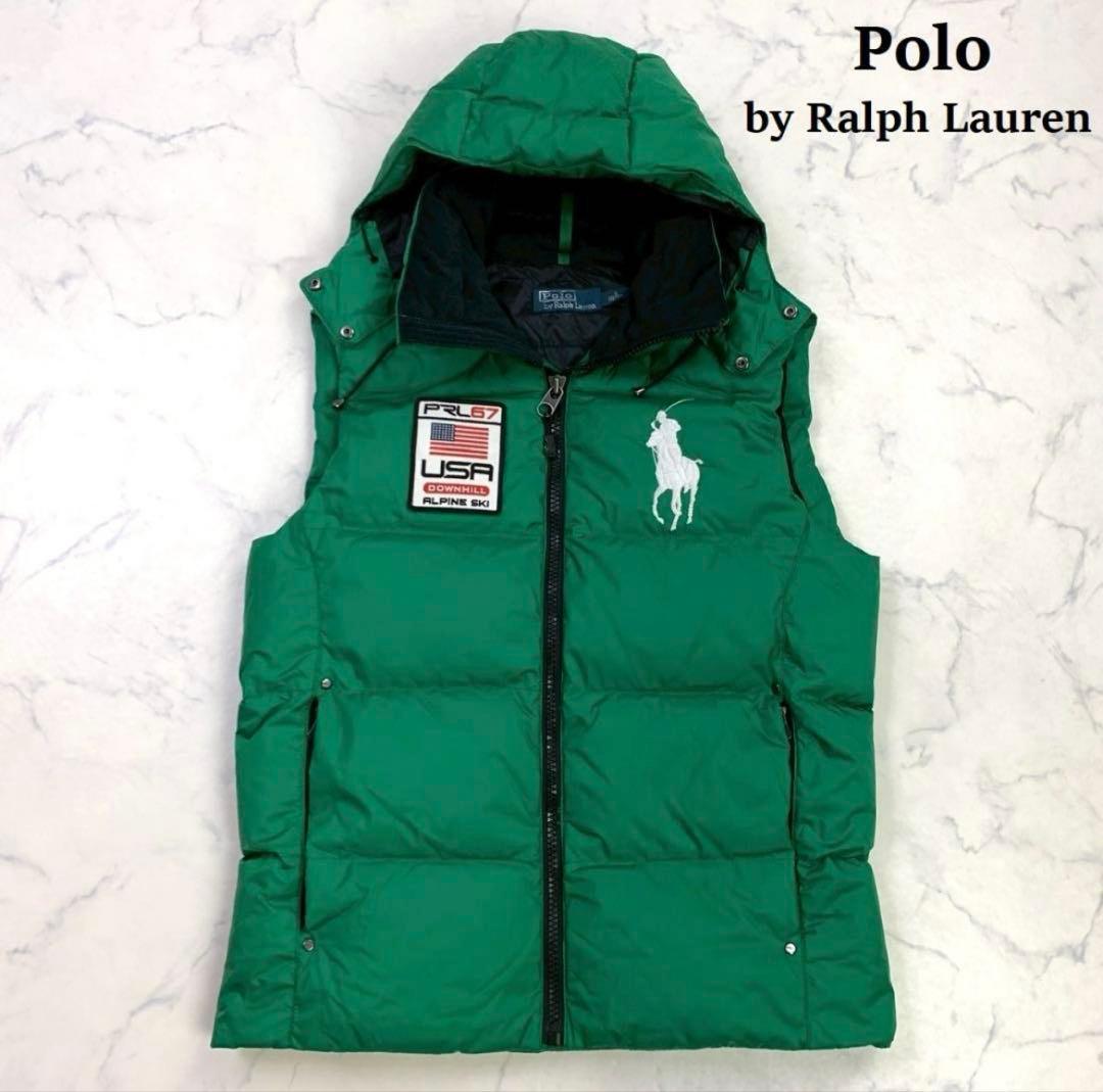 ポロラルフローレン ダウンベスト ビッグポニー 星条旗ワッペン 緑 S