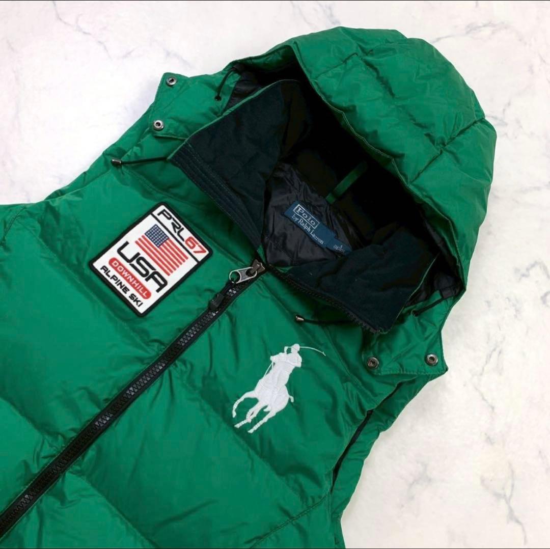 ポロラルフローレン ダウンベスト ビッグポニー 星条旗ワッペン 緑 S